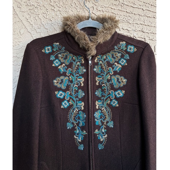 VINTAGE MANGO Y2K 70s Brown & Blue Floral Embroidered Penny Lane Wool Coat XS - Picture 4 of 11
